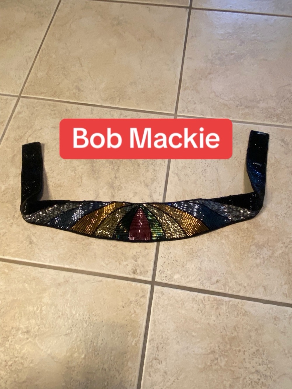 Bob Mackie Black Beaded Belt with Multicolor Fan Motif